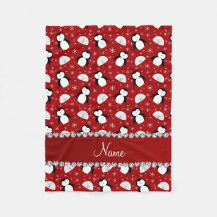 Personalised name red penguins igloos snowflakes fleece blanket