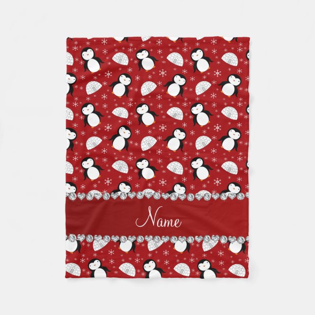Personalised name red penguins igloos snowflakes fleece blanket (Front)