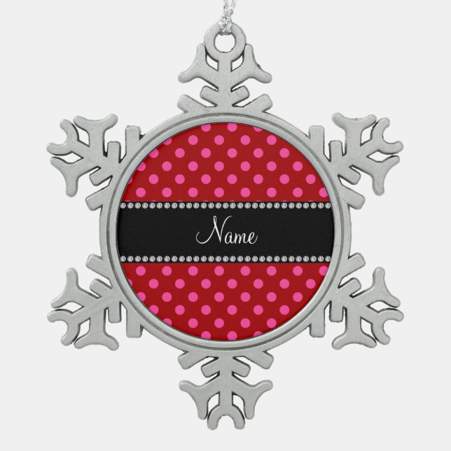 Personalised name red pink polka dots snowflake pewter christmas ornament (Front)