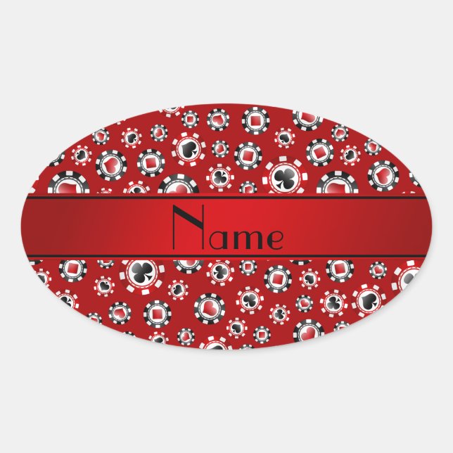Personalised name red poker chips oval sticker (Front)