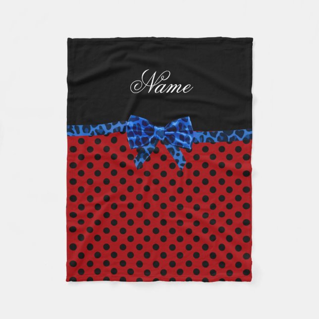 Personalised name red polka dots blue leopard bow fleece blanket (Front)