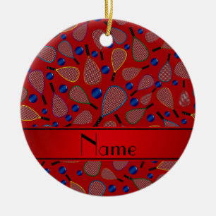 Personalised name red racquetball pattern ceramic tree decoration