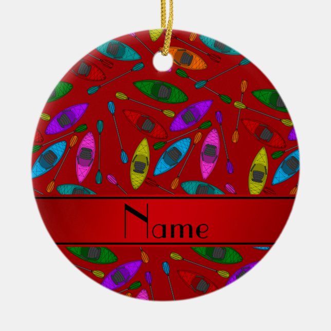 Personalised name red rainbow kayaks ceramic tree decoration (Front)
