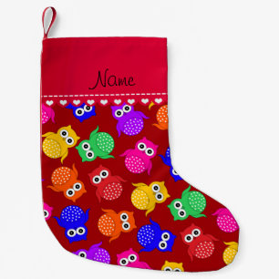 Personalised name red rainbow owls small christmas stocking