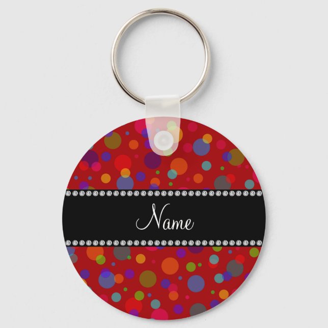 Personalised name red rainbow polka dots key ring (Front)