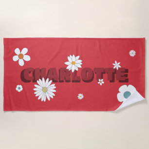 Personalised Name Red Retro Style Flowers Beach Towel
