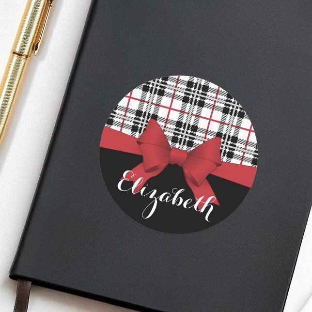 Personalised Name Red Ribbon and Tartan Plaid Classic Round Sticker (Creator Uploaded)