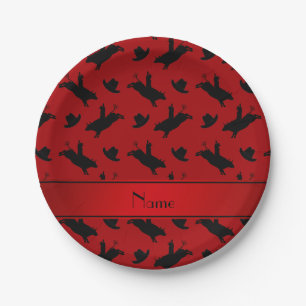 Personalised name red rodeo bull riding pattern paper plate