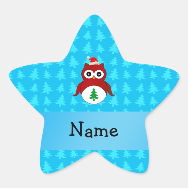 Personalised name red santa owl blue trees star sticker (Front)