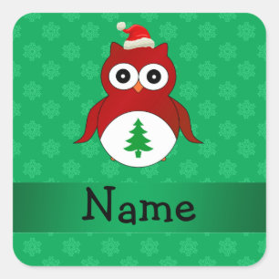 Personalised name red santa owl green snowflakes square sticker