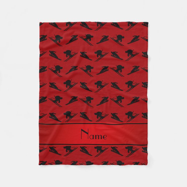 Personalised name red ski pattern fleece blanket (Front)