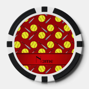 Personalised name red softball pattern poker chips
