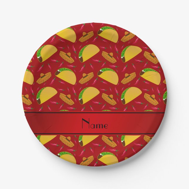 Personalised name red tacos sombreros chilis paper plate (Front)
