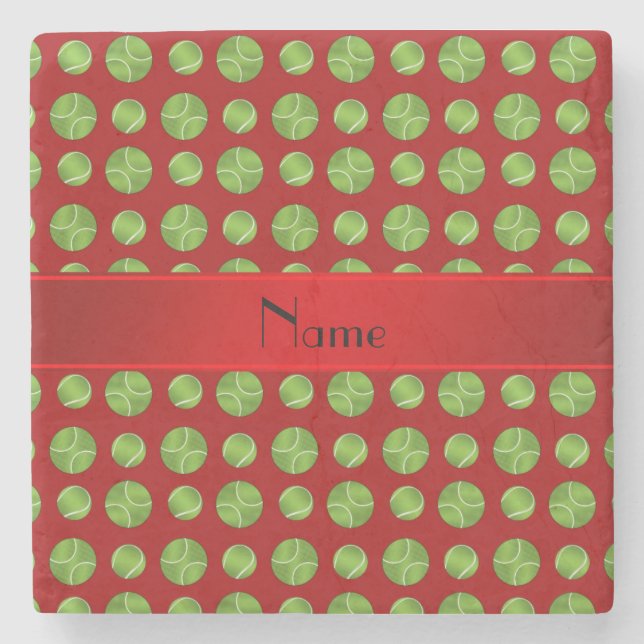 Personalised name red tennis balls pattern stone coaster (Front)