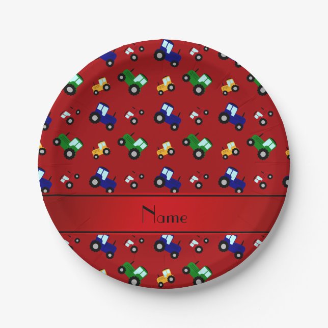 Personalised name red tractors paper plate (Front)