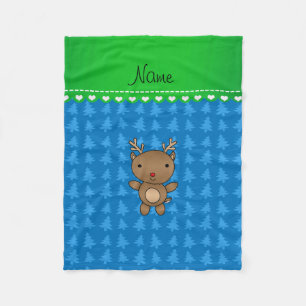 Personalised name reindeer blue christmas trees fleece blanket