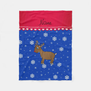 Personalised name reindeer blue snowflakes fleece blanket