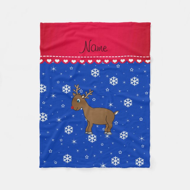 Personalised name reindeer blue snowflakes fleece blanket (Front)