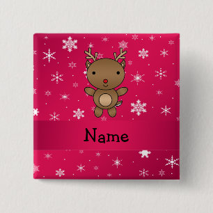 Personalised name reindeer pink snowflakes 15 cm square badge