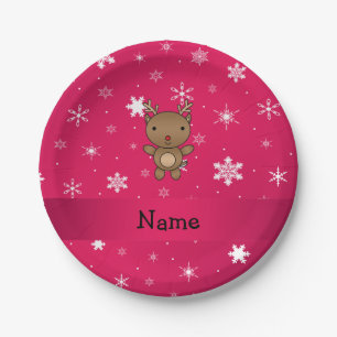 Personalised name reindeer pink snowflakes paper plate