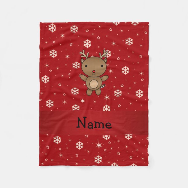 Personalised name reindeer red snowflakes fleece blanket (Front)