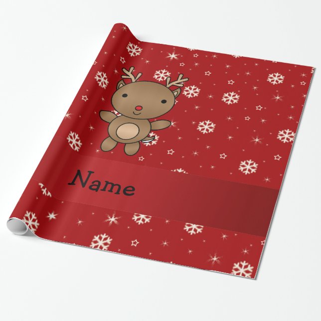 Personalised name reindeer red snowflakes wrapping paper (Unrolled)