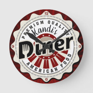 Personalised NAME Retro American Diner Cafe Custom Round Clock