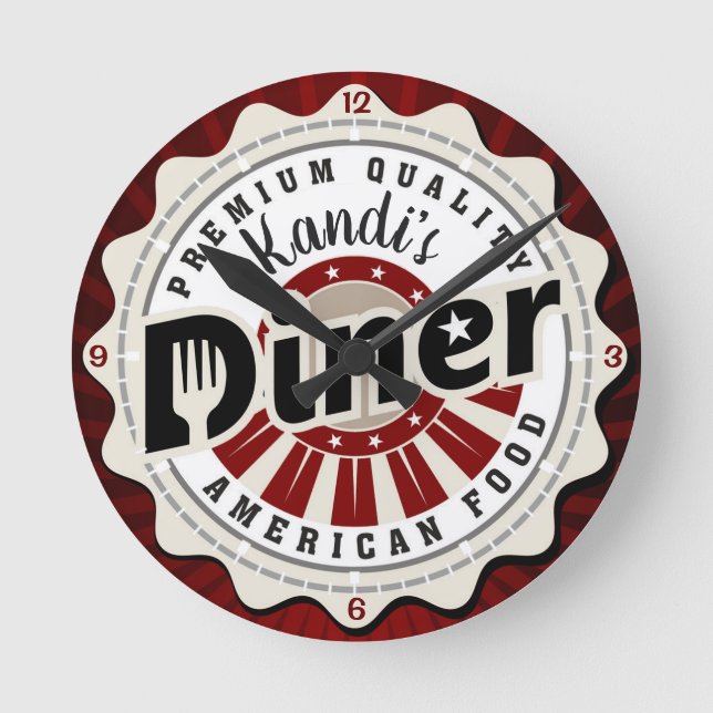 Personalised NAME Retro American Diner Cafe Custom Round Clock (Front)