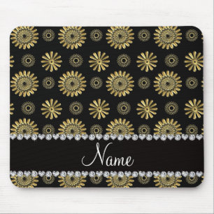 Personalised name retro black gold flowers mouse pad