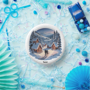 Personalised Name Retro Christmas Winter Village Paper Plate
