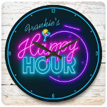 Personalised NAME Retro Faux Neon Happy Hour Bar Round Clock<br><div class="desc">Personalised NAME Retro Faux Neon Happy Hour Bar Clock - Customise with your Name or Custom Text!</div>