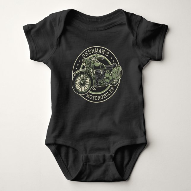 Personalised NAME Retro Military Motorcycle Biker Baby Bodysuit (Front)