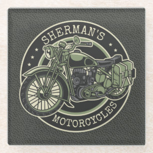 Personalised NAME Retro Military Motorcycle Biker Glass Coaster