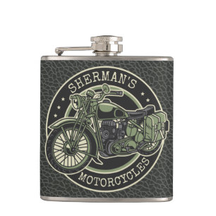 Personalised NAME Retro Military Motorcycle Biker Hip Flask