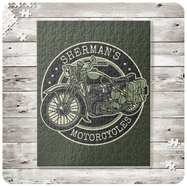 Personalised NAME Retro Military Motorcycle Biker Jigsaw Puzzle (Creator Uploaded)