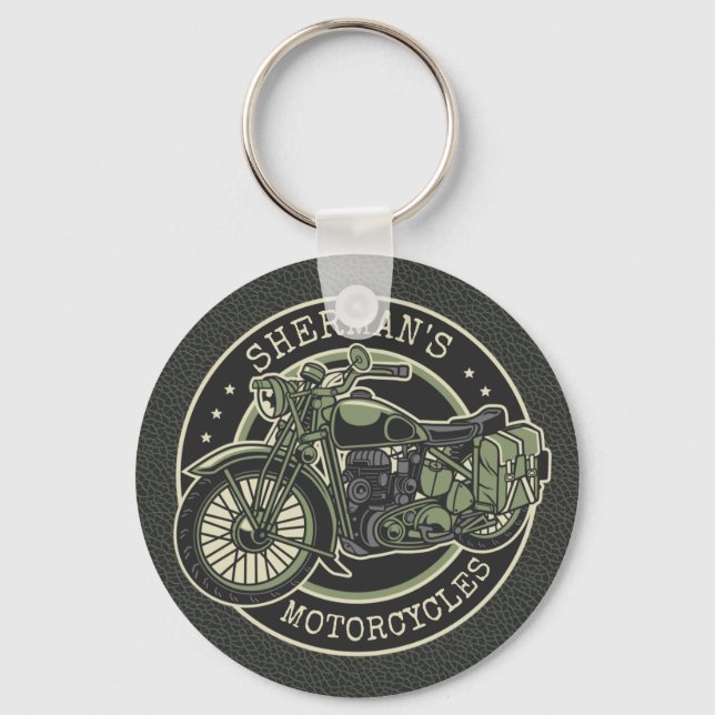 Personalised NAME Retro Military Motorcycle Biker Key Ring (Front)