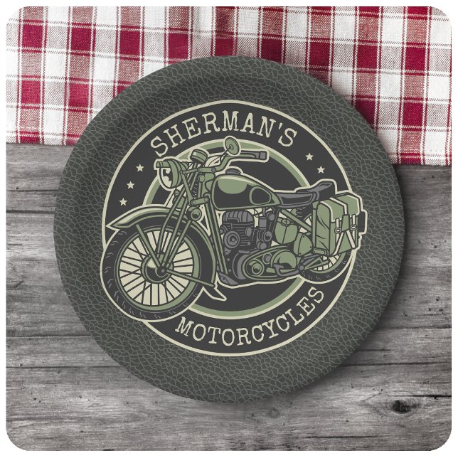 Personalised NAME Retro Military Motorcycle Biker Paper Plate (Creator Uploaded)