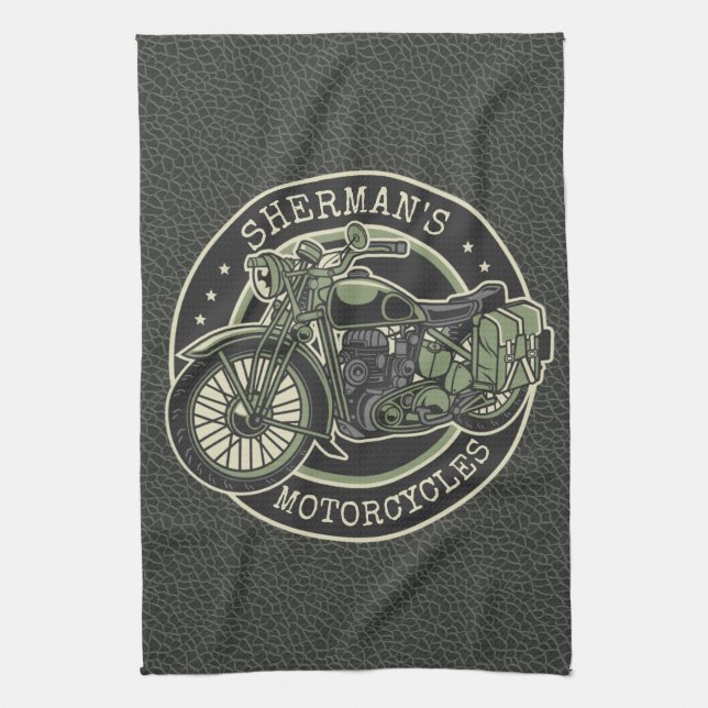 Personalised NAME Retro Military Motorcycle Biker Tea Towel (Vertical)