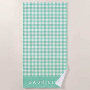 Personalised Name Retro Mint Green Gingham Plaid Beach Towel