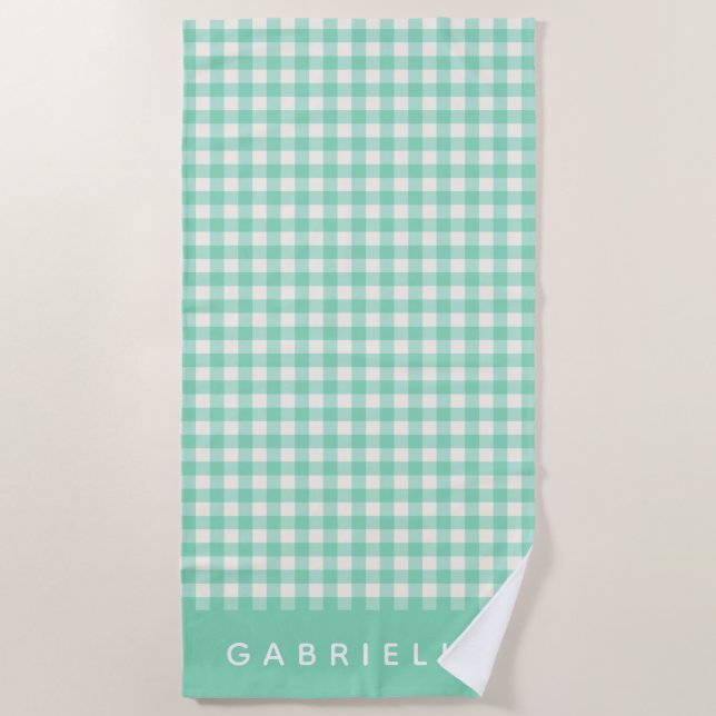 Personalised Name Retro Mint Green Gingham Plaid Beach Towel (Front)