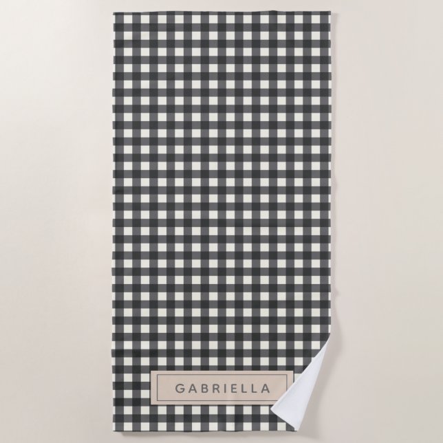 Personalised Name Retro Modern Black Gingham Plaid Beach Towel (Front)