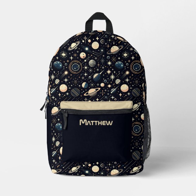 Personalised Name Retro Modern Outer Space Theme Printed Backpack (Front)