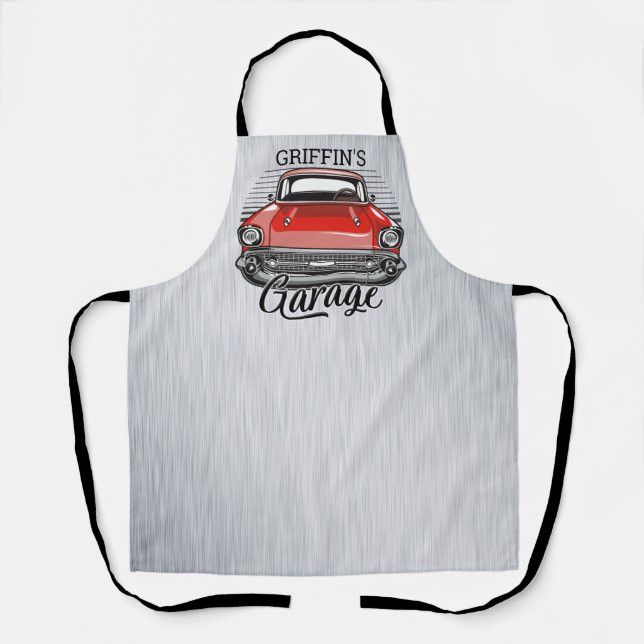 Personalised NAME Retro Red Classic Car Garage Apron (Front)