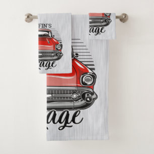 Personalised NAME Retro Red Classic Car Garage Bath Towel Set