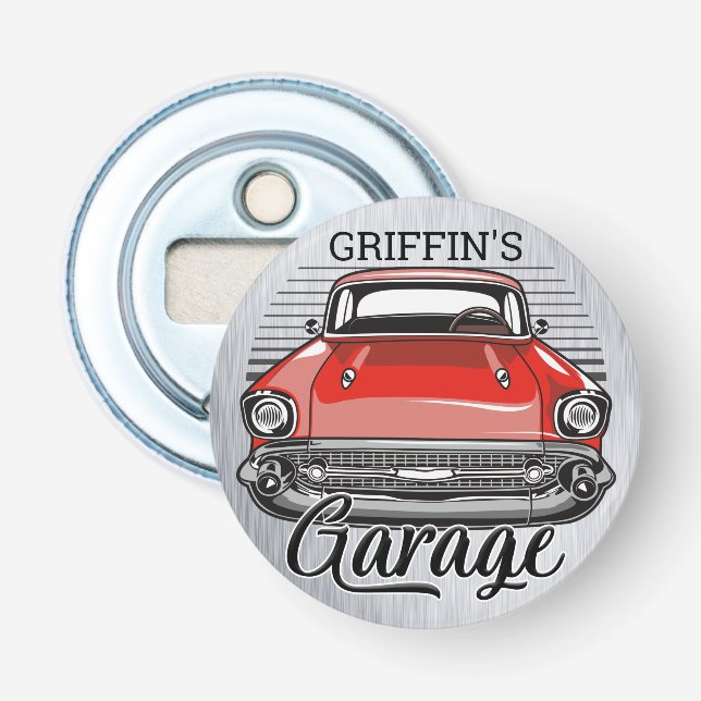 Personalised NAME Retro Red Classic Car Garage Bottle Opener (Front)