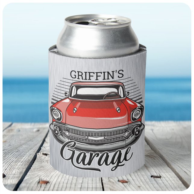 Personalised NAME Retro Red Classic Car Garage Can Cooler (Creator Uploaded)