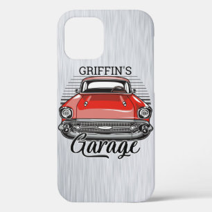 Personalised NAME Retro Red Classic Car Garage iPhone 12 Case