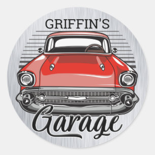 Personalised NAME Retro Red Classic Car Garage Classic Round Sticker