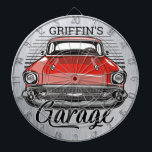 Personalised NAME Retro Red Classic Car Garage Dartboard<br><div class="desc">Personalised NAME Retro Classic Car Cruiser Garage Design - Vintage Tri-Five Automobile - FAUX Metal Look - Customise with your Name or Custom Text!</div>