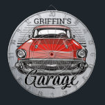 Personalised NAME Retro Red Classic Car Garage Dartboard<br><div class="desc">Personalised NAME Retro Classic Car Cruiser Garage Design - Vintage Tri-Five Automobile - FAUX Metal Look - Customise with your Name or Custom Text!</div>